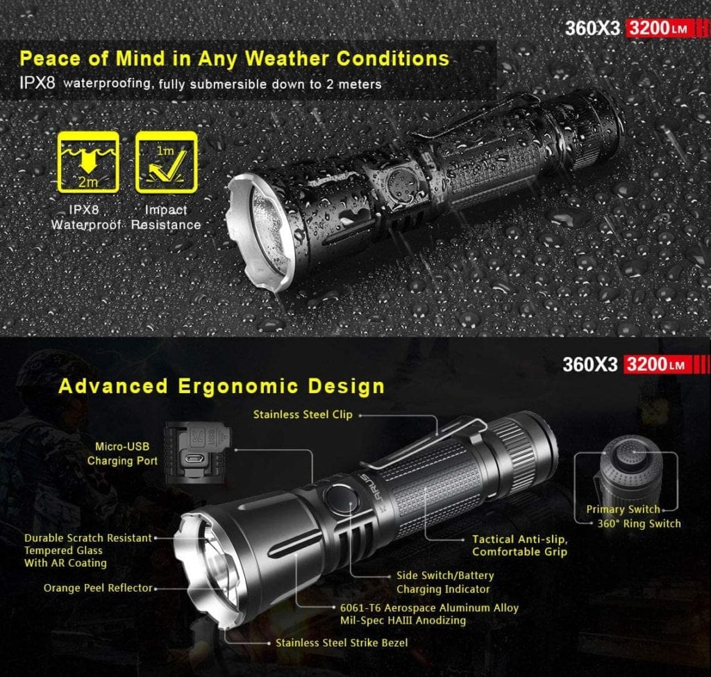 Klarus 360X3 Flashligh(DISCONTINUED) 7 81mcfig4jHL. AC SL1140 The 360X3 flashlight offers versatile control with its triple switch design and omni-directional tail switches for immediate response. Featuring up to 3200 lumens, it includes one-touch access to Turbo, Strobe, and Low modes. This flashlight is ideal for various outdoor activities like camping, hiking, hunting, and search and rescue operations. ๐ ๏ธKey Features: โ
CREE XHP70.2 P2 LED with up to 3200 lumens
โ
Omni-directional tail switches for 360ยฐ control
โ
One-Touch Turbo, One-Touch Strobe, One-Touch Low
โ
Two programmable settings (Outdoor and Classic)
โ
Intelligent Thermal Protection System (ITS)
โ
Intelligent Battery Identification System (IBIS)
โ
Intelligent Charging System (ICS) with Micro-USB
โ
Waterproof IPX-8 (2 meters submersible)
โ
Impact resistance up to 1 meter
โ
Aerospace Aluminium alloy body with CNC machining โฌ๏ธSCROLL DOWN TO SEE DESCRIPTIONโฌ๏ธ