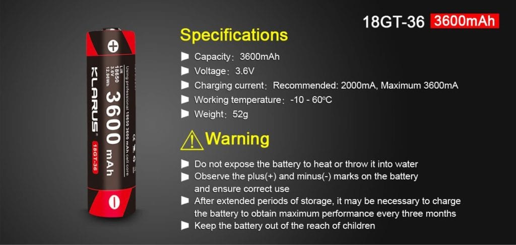 9 886d94e8 f0d4 4219 886b b35b244655c4 1145x545 This Klarus 18650 Li-ion battery offers a robust 3600mAh capacity for extended device runtimes. It features integrated protection against overcharge, over-discharge, short circuits, and overheating, making it a reliable power source for compatible Klarus flashlights and other high-drain devices. Its durability is proven by its use in applications like Tesla electric cars, ideal for outdoor adventures, professional use, and emergency preparedness. 🛠️Key Features: ✅ Compatible with Klarus XT11X, E1, XT11, XT11GT, XT30R, XT12GT, XT2CR, AR10, G10, ST15R, ST10, 360X1, 360x3
✅ High capacity: 3600mAh
✅ Protected cell with overcharge, over-discharge, short circuit, and overheating protection
✅ Li-Ion chemistry
✅ Button top design
✅ Nominal voltage: 3.6V
✅ Max continuous discharge: 7A
✅ Safety certified: CE, ROHS
✅ Durable construction with proven reliability ⬇️SCROLL DOWN TO SEE DESCRIPTION⬇️