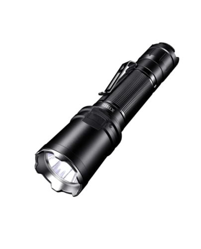 Klarus XT11R Hiking Beam Power Klarus XT11R 1300LM flashlight illuminating campsite at night, ideal for camping in Kenya with 300m beam distance.