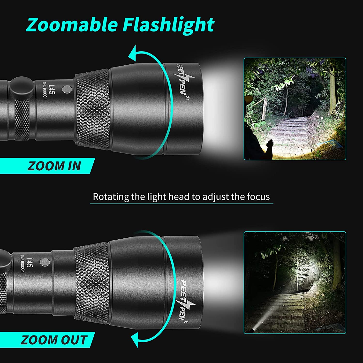 Buy-best-0.5Km-beam-Torch-PEETPEN-L45-Zoomable-USB-LED-FlashlightTorch-Rechargeable-900-lumens-IPX6-Waterproof-18650-batteryIncluded-1yr-warranty-7-products-price-in-Kenya-Lumen-Vault-products-price-in-Kenya-Lumen-Vault