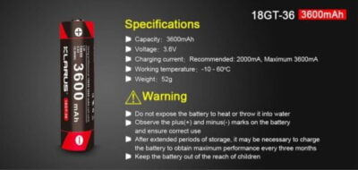 Klarus 18GT-36 Battery for Hiking Flashlights
