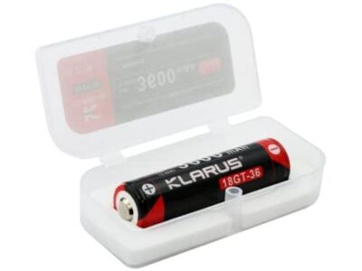 Klarus 18GT-36 3600mAh battery powering XT11X flashlight during nighttime hikes for extended illumination.