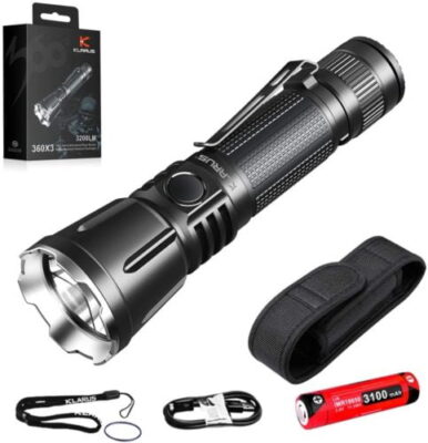 Klarus 360X3 flashlight illuminating hiking trail with 3200 lumens for outdoor adventures in Kenya.