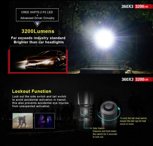 Klarus 360X3 Hiking Flashlight 3200 Lumens Klarus 360X3 flashlight lighting up a forest trail with 3200 lumens for hiking adventures.