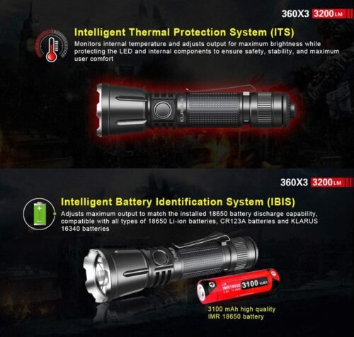Klarus 360X3 flashlight with 3200 lumens for outdoor hiking, illuminating trails at night.