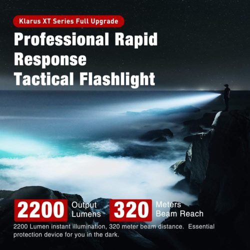 Klarus XT11GT Pro Hiking Torch Klarus XT11GT Pro 2200 Lumens flashlight for night hiking trails, USB-C rechargeable tactical torch.