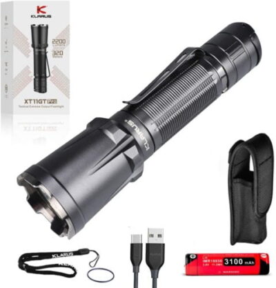 Klarus XT11GT Pro flashlight with dual tail switches for quick security patrols in urban settings.