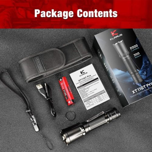 Klarus XT11GT Pro Hiking Torch Klarus XT11GT Pro flashlight with 2200 lumens beam for nighttime security patrols in urban areas.