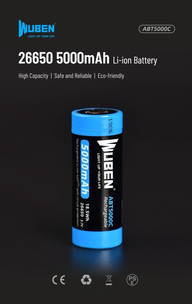 200701 ABT5000C EN 01 The ABT5000C is a reliable 5000mAh rechargeable 26650 Li-ion battery, protected for safety and compatible with various electronics. Its durable design offers up to 500 recharge cycles, making it ideal for high-drain devices such as powerful flashlights and portable power banks. This battery is a practical choice for camping, hiking, emergency preparedness, and general electronic use.
🛠️Key Features: ✅ Utilizes 1 x 5000mAh battery cell
✅ Rechargeable up to 500 times
✅ 26650 battery specification
✅ 5000mAh capacity
✅ 3.7V voltage
✅ Max current: 20A
✅ Weighs approximately 97g
✅ Recommended usage temperature: -10℃~60℃ ⬇️SCROLL DOWN TO SEE DESCRIPTION⬇️