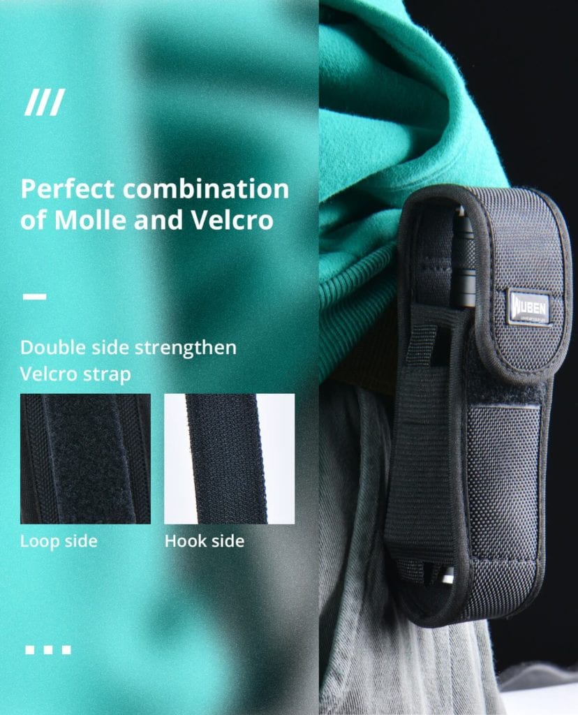 WUBEN AS6 Holster | Durable Nylon Belt Pouch (15.1cm-15cm) for Camping, Outdoors & Law Enforcement 4 AS6 EN 1200 200421 03 This durable nylon flashlight holster offers adjustable length (5.5''-5.9'') and secure carrying with a velcro and button clasp. It features two separate compartments and is ideal for most flashlights ike Convoy C8+. ๐ ๏ธKey Features: โ
Unique design for belt or key ring carry
โ
Adjustable length: 5.5''-5.9'' (13.97 cm - 14.99 cm)
โ
Elastic sides for a flexible fit
โ
Portable size: 5.9'' (14.99 cm) length, 1.6'' (4.06 cm) width
โ
Secure closure with velcro and button clasp
โ
Durable nylon material construction
โ
Two separate compartments for flashlights and batteries
โ
Keeps flashlight secure and easily accessible
โ
Suitable for WUBEN C3, L50, TO40R, TO46R flashlights
โ
Ideal for camping, fishing, climbing, caving, law enforcement, and industry โฌ๏ธSCROLL DOWN TO SEE DESCRIPTIONโฌ๏ธ