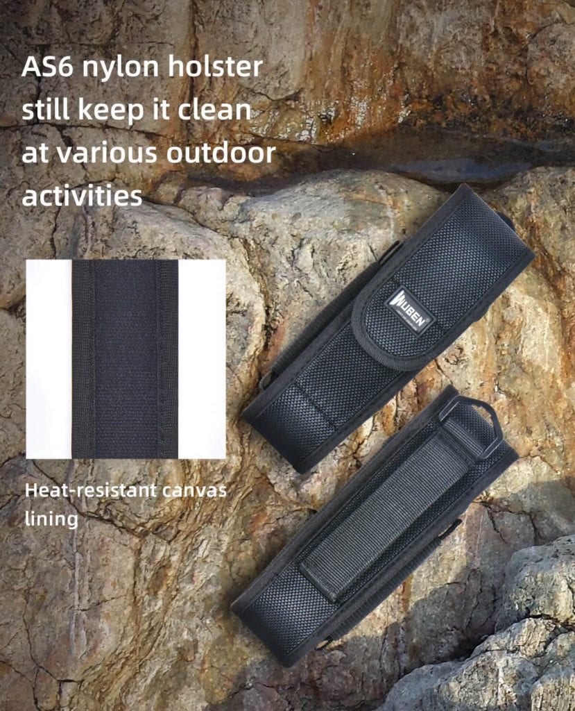 WUBEN AS6 Holster | Durable Nylon Belt Pouch (15.1cm-15cm) for Camping, Outdoors & Law Enforcement 6 AS6 EN 1200 200421 05 This durable nylon flashlight holster offers adjustable length (5.5''-5.9'') and secure carrying with a velcro and button clasp. It features two separate compartments and is ideal for most flashlights ike Convoy C8+. ๐ ๏ธKey Features: โ
Unique design for belt or key ring carry
โ
Adjustable length: 5.5''-5.9'' (13.97 cm - 14.99 cm)
โ
Elastic sides for a flexible fit
โ
Portable size: 5.9'' (14.99 cm) length, 1.6'' (4.06 cm) width
โ
Secure closure with velcro and button clasp
โ
Durable nylon material construction
โ
Two separate compartments for flashlights and batteries
โ
Keeps flashlight secure and easily accessible
โ
Suitable for WUBEN C3, L50, TO40R, TO46R flashlights
โ
Ideal for camping, fishing, climbing, caving, law enforcement, and industry โฌ๏ธSCROLL DOWN TO SEE DESCRIPTIONโฌ๏ธ