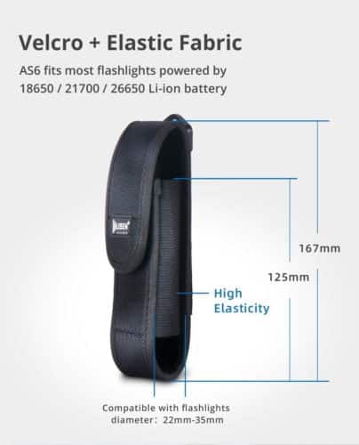 Adjustable WUBEN AS6 Holster for Camping WUBEN AS6 nylon holster with adjustable strap for camping, securely holding flashlight on belt loop.