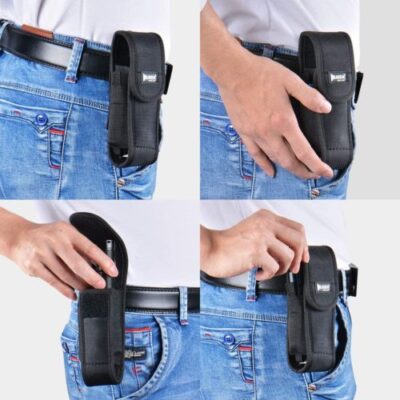 Durable WUBEN AS6 nylon holster securing flashlight for camping trips, with adjustable length for easy access.