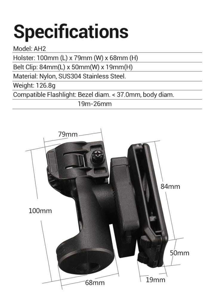 Klarus AH2 Holster: Rapid Deployment Flashlight Carrier | SUS304 Steel & Nylon | Security, Camping, Outdoors 9 klarus ah2 rapid deployment flashlight holster 4 The Klarus AH2 Holster offers secure and rapid access to your flashlight, constructed from durable SUS304 stainless steel and high-quality nylon. Its rotating design allows for comfortable retrieval from various positions, making it ideal for security officers and outdoor enthusiasts.
๐ ๏ธKey Features: โ
Designed for rapid flashlight deployment.
โ
Secure belt clip with locking mechanism to prevent drops.
โ
Compatible with body diameters of 21-27mm.
โ
Accommodates bezel diameters less than 37mm.
โ
Rotates 90ยฐ to either side for versatile access.
โ
Constructed from SUS304 stainless steel and nylon.
โ
Suitable for security personnel and outdoor activities.
โ
Holds Klarus E1, E2, E3, XT1A, XT1C, XT2C, XT2CR, XT11S, XT12S, XT11GT Pro, XT2CR Pro, XT21C.
โ
Lightweight design at 126.8g (4.47oz). โฌ๏ธSCROLL DOWN TO SEE DESCRIPTIONโฌ๏ธ