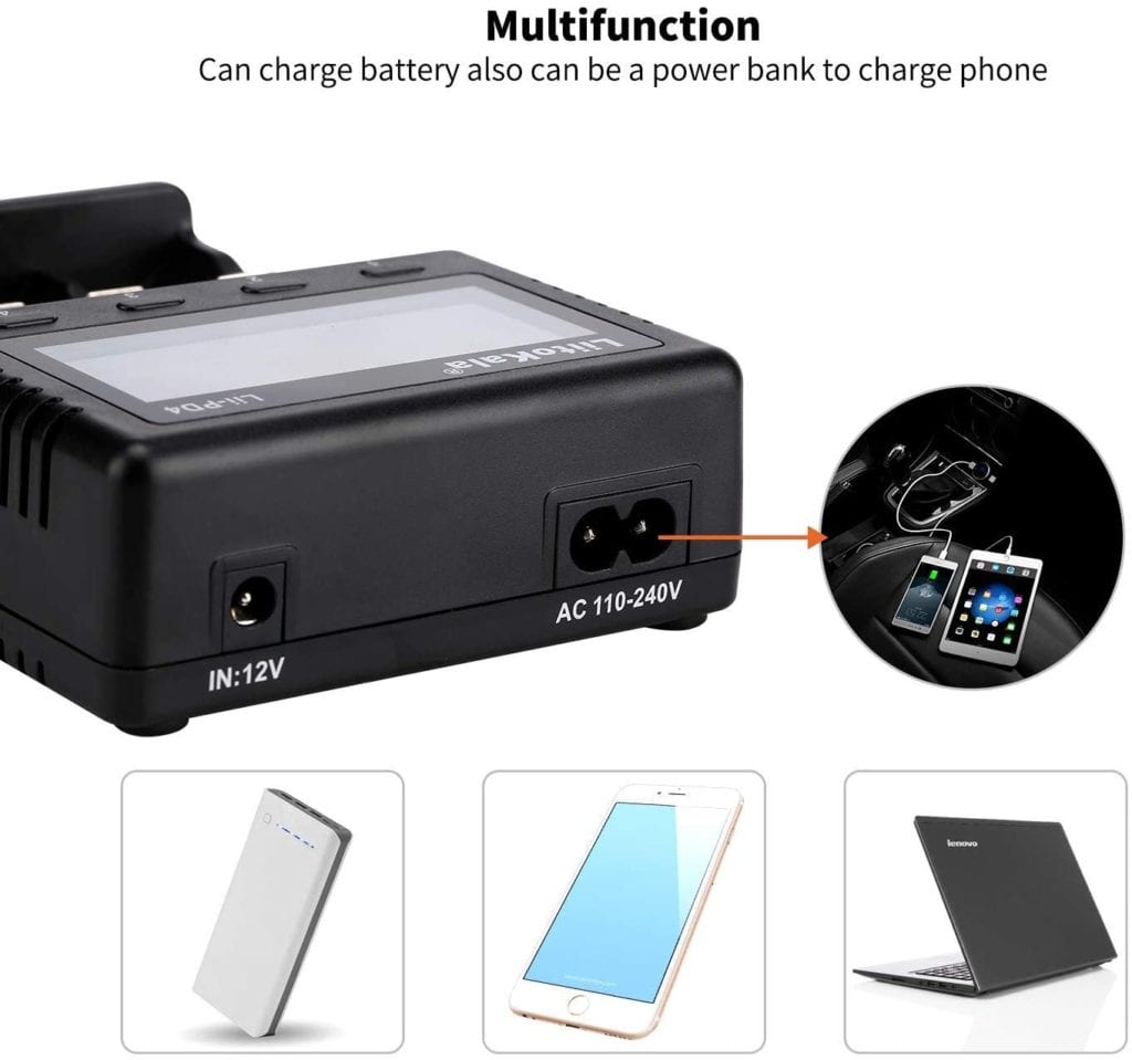 61E4rsgiEVL. AC SL1500 This multi-functional battery charger supports a wide range of Li-ion, IMR, LiFePO4, NiMH, and Ni-Cd batteries, featuring independent charging bays and an LCD display for charge status. It includes essential safety protections and offers versatile power input options, making it ideal for powering various electronic devices and for everyday battery maintenance. 🛠️Key Features: ✅ Multi-power input: AC 110-240V or optional 12V DC
✅ Charges Li-ion, IMR, LiFePO4, NiMH, Ni-Cd batteries
✅ Supports 26650, 21700, 18650, AA, AAA, and many more sizes
✅ LCD displays charging progress (25%-100%) and refresh status
✅ Over-charging, over-discharging, and reverse polarity protection
✅ Automatically identifies Li-ion and Ni-MH batteries
✅ Manual charging mode adjustment for LiFePO4 and 3.80V Li-ion
✅ Constant voltage and current charging
✅ Max output current of 2000mA in slot #4 for Li-ion/IMR/LiFePO4
✅ Includes AC cable and user manual ⬇️SCROLL DOWN TO SEE DESCRIPTION⬇️