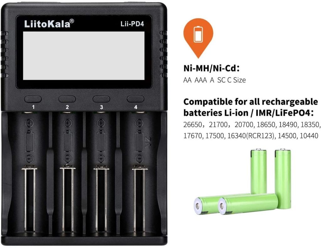 71fdBlQx1TL. AC SL1500 This multi-functional battery charger supports a wide range of Li-ion, IMR, LiFePO4, NiMH, and Ni-Cd batteries, featuring independent charging bays and an LCD display for charge status. It includes essential safety protections and offers versatile power input options, making it ideal for powering various electronic devices and for everyday battery maintenance. 🛠️Key Features: ✅ Multi-power input: AC 110-240V or optional 12V DC
✅ Charges Li-ion, IMR, LiFePO4, NiMH, Ni-Cd batteries
✅ Supports 26650, 21700, 18650, AA, AAA, and many more sizes
✅ LCD displays charging progress (25%-100%) and refresh status
✅ Over-charging, over-discharging, and reverse polarity protection
✅ Automatically identifies Li-ion and Ni-MH batteries
✅ Manual charging mode adjustment for LiFePO4 and 3.80V Li-ion
✅ Constant voltage and current charging
✅ Max output current of 2000mA in slot #4 for Li-ion/IMR/LiFePO4
✅ Includes AC cable and user manual ⬇️SCROLL DOWN TO SEE DESCRIPTION⬇️