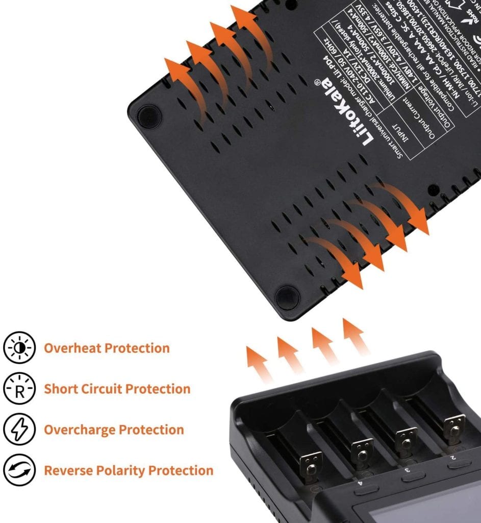 71r3E62WbL. AC SL1500 This multi-functional battery charger supports a wide range of Li-ion, IMR, LiFePO4, NiMH, and Ni-Cd batteries, featuring independent charging bays and an LCD display for charge status. It includes essential safety protections and offers versatile power input options, making it ideal for powering various electronic devices and for everyday battery maintenance. 🛠️Key Features: ✅ Multi-power input: AC 110-240V or optional 12V DC
✅ Charges Li-ion, IMR, LiFePO4, NiMH, Ni-Cd batteries
✅ Supports 26650, 21700, 18650, AA, AAA, and many more sizes
✅ LCD displays charging progress (25%-100%) and refresh status
✅ Over-charging, over-discharging, and reverse polarity protection
✅ Automatically identifies Li-ion and Ni-MH batteries
✅ Manual charging mode adjustment for LiFePO4 and 3.80V Li-ion
✅ Constant voltage and current charging
✅ Max output current of 2000mA in slot #4 for Li-ion/IMR/LiFePO4
✅ Includes AC cable and user manual ⬇️SCROLL DOWN TO SEE DESCRIPTION⬇️
