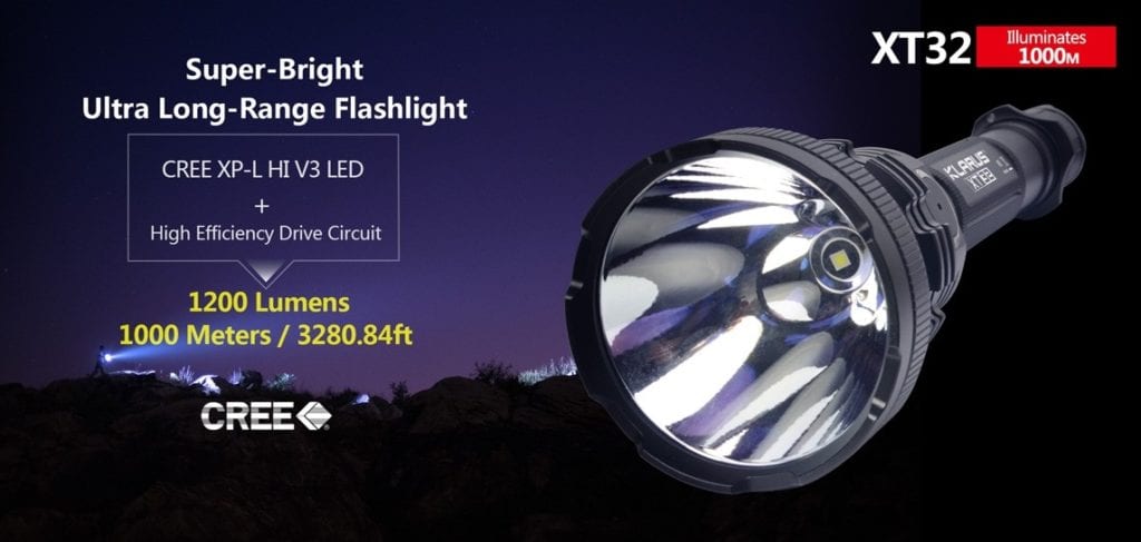 klarus xt32 002 1 The Klarus XT32 is a powerful, long-range LED spotlight designed for hunting and search and rescue. It features a Cree XP-L HI V3 LED, producing up to 1200 Lumens and reaching distances of 1000 meters (3280 ft.). Its dual programmable settings offer quick access to various modes, making it ideal for hunting, camping, hiking, and tactical operations. 🛠️Key Features: ✅ Dual setting programmable for custom use
✅ Classic setting with one-touch strobe and turbo
✅ Hunting setting with one-touch low, turbo and SOS
✅ Side switch lockout function for safety
✅ Intelligent battery capacity indicator
✅ Intelligent temperature protection system
✅ Reverse polarity protection for battery safety
✅ 6061-T6 Aluminum alloy construction
✅ Mil-spec type III hard-anodized coating
✅ Mirror polished reflector for enhanced throw ⬇️SCROLL DOWN TO SEE DESCRIPTION⬇️