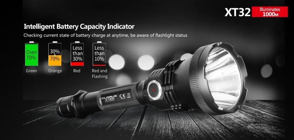 klarus xt32 008 1 The Klarus XT32 is a powerful, long-range LED spotlight designed for hunting and search and rescue. It features a Cree XP-L HI V3 LED, producing up to 1200 Lumens and reaching distances of 1000 meters (3280 ft.). Its dual programmable settings offer quick access to various modes, making it ideal for hunting, camping, hiking, and tactical operations. 🛠️Key Features: ✅ Dual setting programmable for custom use
✅ Classic setting with one-touch strobe and turbo
✅ Hunting setting with one-touch low, turbo and SOS
✅ Side switch lockout function for safety
✅ Intelligent battery capacity indicator
✅ Intelligent temperature protection system
✅ Reverse polarity protection for battery safety
✅ 6061-T6 Aluminum alloy construction
✅ Mil-spec type III hard-anodized coating
✅ Mirror polished reflector for enhanced throw ⬇️SCROLL DOWN TO SEE DESCRIPTION⬇️