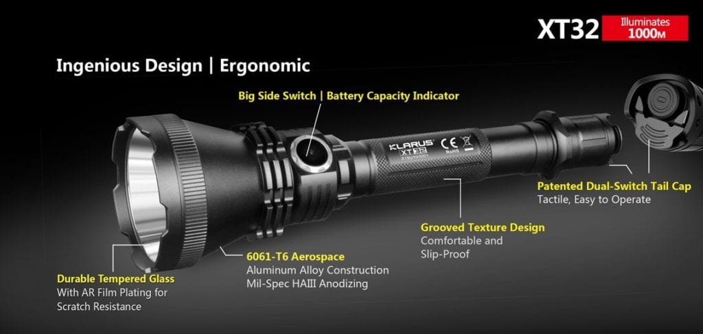 klarus xt32 015 1 The Klarus XT32 is a powerful, long-range LED spotlight designed for hunting and search and rescue. It features a Cree XP-L HI V3 LED, producing up to 1200 Lumens and reaching distances of 1000 meters (3280 ft.). Its dual programmable settings offer quick access to various modes, making it ideal for hunting, camping, hiking, and tactical operations. 🛠️Key Features: ✅ Dual setting programmable for custom use
✅ Classic setting with one-touch strobe and turbo
✅ Hunting setting with one-touch low, turbo and SOS
✅ Side switch lockout function for safety
✅ Intelligent battery capacity indicator
✅ Intelligent temperature protection system
✅ Reverse polarity protection for battery safety
✅ 6061-T6 Aluminum alloy construction
✅ Mil-spec type III hard-anodized coating
✅ Mirror polished reflector for enhanced throw ⬇️SCROLL DOWN TO SEE DESCRIPTION⬇️
