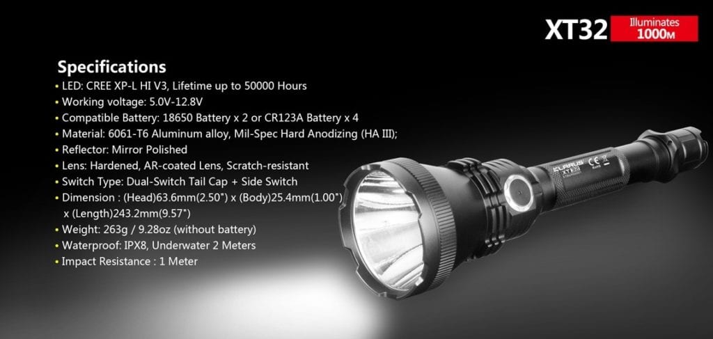klarus xt32 017 1 The Klarus XT32 is a powerful, long-range LED spotlight designed for hunting and search and rescue. It features a Cree XP-L HI V3 LED, producing up to 1200 Lumens and reaching distances of 1000 meters (3280 ft.). Its dual programmable settings offer quick access to various modes, making it ideal for hunting, camping, hiking, and tactical operations. 🛠️Key Features: ✅ Dual setting programmable for custom use
✅ Classic setting with one-touch strobe and turbo
✅ Hunting setting with one-touch low, turbo and SOS
✅ Side switch lockout function for safety
✅ Intelligent battery capacity indicator
✅ Intelligent temperature protection system
✅ Reverse polarity protection for battery safety
✅ 6061-T6 Aluminum alloy construction
✅ Mil-spec type III hard-anodized coating
✅ Mirror polished reflector for enhanced throw ⬇️SCROLL DOWN TO SEE DESCRIPTION⬇️