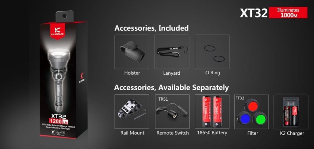 klarus xt32 018 1 The Klarus XT32 is a powerful, long-range LED spotlight designed for hunting and search and rescue. It features a Cree XP-L HI V3 LED, producing up to 1200 Lumens and reaching distances of 1000 meters (3280 ft.). Its dual programmable settings offer quick access to various modes, making it ideal for hunting, camping, hiking, and tactical operations. 🛠️Key Features: ✅ Dual setting programmable for custom use
✅ Classic setting with one-touch strobe and turbo
✅ Hunting setting with one-touch low, turbo and SOS
✅ Side switch lockout function for safety
✅ Intelligent battery capacity indicator
✅ Intelligent temperature protection system
✅ Reverse polarity protection for battery safety
✅ 6061-T6 Aluminum alloy construction
✅ Mil-spec type III hard-anodized coating
✅ Mirror polished reflector for enhanced throw ⬇️SCROLL DOWN TO SEE DESCRIPTION⬇️