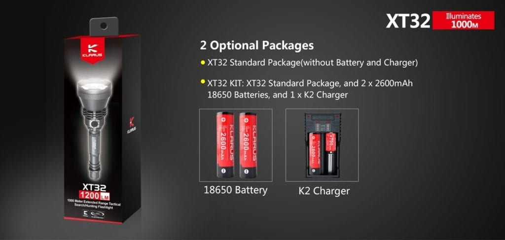 klarus xt32 019 1 The Klarus XT32 is a powerful, long-range LED spotlight designed for hunting and search and rescue. It features a Cree XP-L HI V3 LED, producing up to 1200 Lumens and reaching distances of 1000 meters (3280 ft.). Its dual programmable settings offer quick access to various modes, making it ideal for hunting, camping, hiking, and tactical operations. 🛠️Key Features: ✅ Dual setting programmable for custom use
✅ Classic setting with one-touch strobe and turbo
✅ Hunting setting with one-touch low, turbo and SOS
✅ Side switch lockout function for safety
✅ Intelligent battery capacity indicator
✅ Intelligent temperature protection system
✅ Reverse polarity protection for battery safety
✅ 6061-T6 Aluminum alloy construction
✅ Mil-spec type III hard-anodized coating
✅ Mirror polished reflector for enhanced throw ⬇️SCROLL DOWN TO SEE DESCRIPTION⬇️