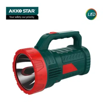 AKKO STAR 15W searchlight illuminating campsite at night, ideal for hiking with 8-hour runtime.