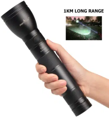 PEETPEN L80 flashlight lighting up a campsite, 1500 lumens for nighttime outdoor adventures.