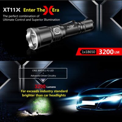 Klarus XT11X flashlight illuminating a dark forest trail during hunting in Nairobi, Kenya, with 3200 lumens for long-range visibility.