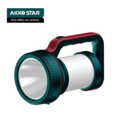 AKKO STAR-50080 LED search light in bright mode for camping, featuring 15W luminous surface and long runtime.