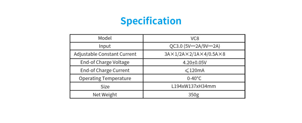 488fb135 b00d 495f bed7 4e66a54a6cab The Xtar VC8 is an 8-channel charger supporting Li-ion, NiMH, and NiCd batteries, featuring QC3.0 fast charging with up to 3A per slot. Its LCD screen displays real-time voltage, capacity, and internal resistance. The charger offers storage and grade modes to optimize battery lifespan and test capacity. It's ideal for power users and battery enthusiasts, commonly used for vaping, DIY electronics, and portable power solutions.
🛠️Key Features: ✅ Supports Li-ion, NiMH, and NiCd chemistries.
✅ QC3.0 fast charging input.
✅ Up to 3A charging current per slot.
✅ USB Type-C input port.
✅ Integrated LCD screen for real-time data.
✅ Two user modes: Grade and Storage.
✅ 0V Activation Function for over-discharged batteries.
✅ Internal Resistance Testing.
✅ Charges protected 20700/21700 batteries. ⬇️SCROLL DOWN TO SEE DESCRIPTION⬇️