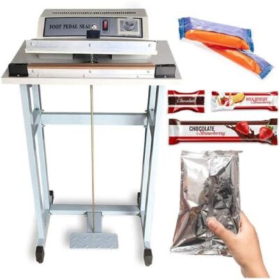 EST BS60-FS foot sealer machine sealing food bags in retail store, 600mm length for efficient packaging.