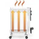 2500W oil heater warming a cozy bedroom in Nairobi, Kenya, with tip-over protection for safe use around babies.