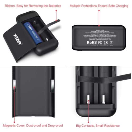XTAR PB2S Hiking Charger XTAR PB2S charging 18650 batteries for outdoor hiking in Kenya, with fast QC3.0 support.