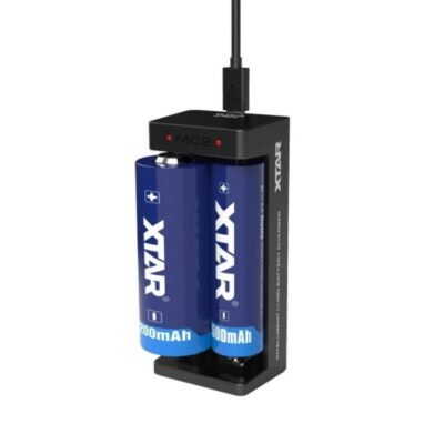 XTAR MC2 2-Bay USB charger powering 18650 batteries for outdoor flashlights in Kenya.