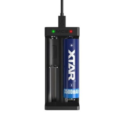 XTAR MC2 charger powering 18650 batteries for outdoor flashlights, with overheat protection in hiking trips.