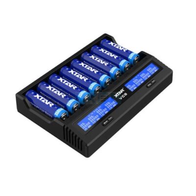 XTAR VC8 charger with 8 slots for fast Li-ion charging, perfect for outdoor gear prep.