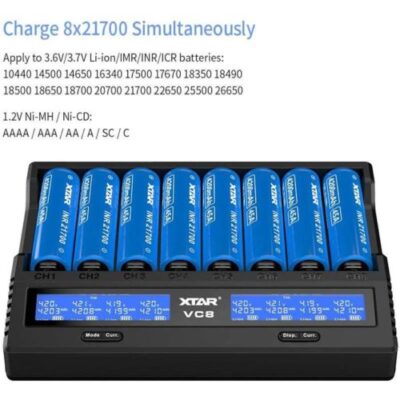 XTAR VC8 charger with 8 channels charging Li-ion batteries for outdoor flashlights, featuring QC3.0 fast charging.