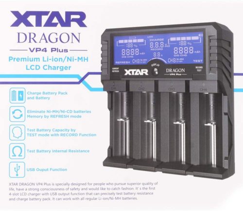 Xtar VP4 Plus Li-ion Charger for Home Use Xtar VP4 Plus smart charger with 18650 Li-ion batteries in fast 2.0A mode for outdoor gear prep.