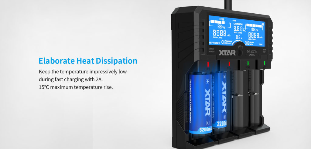 Xtar Dragon VP4 Plus Charger | 4-Bay Li-ion/NiMH Smart Charger, Power Bank, Voltage/Resistance Test, LCD Display 7 OcRxpcP6QVmxSOZWyX0sRQ The Xtar VP4 Plus Dragon is an advanced four-bay smart charger for Li-ion and NiMH batteries, featuring multiple charge current modes and a power bank function. It is ideal for portable power enthusiasts needing to test and charge various battery types efficiently, perfect for powering devices during outdoor activities, camping, or in emergency situations.
๐ ๏ธKey Features: โ
Charges Li-ion and NiMH batteries independently.
โ
Selectable charge currents: 0.5A, 1.0A, 2.0A.
โ
Test and refresh modes for battery health.
โ
USB output for charging mobile devices.
โ
Advanced LCD displays detailed battery info.
โ
Compatible with 11.1V/3S battery packs.
โ
Includes 12V/3A adapter and 3A car adapter.
โ
Comes with a pair of probes for testing.
โ
Features three LED indicators for status.
โ
Compact and portable design with a charger pouch. โฌ๏ธSCROLL DOWN TO SEE DESCRIPTIONโฌ๏ธ