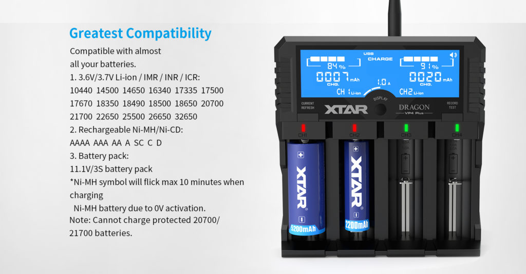 Xtar Dragon VP4 Plus Charger | 4-Bay Li-ion/NiMH Smart Charger, Power Bank, Voltage/Resistance Test, LCD Display 9 S6Jq2q6eSFCt ahevAAYbw The Xtar VP4 Plus Dragon is an advanced four-bay smart charger for Li-ion and NiMH batteries, featuring multiple charge current modes and a power bank function. It is ideal for portable power enthusiasts needing to test and charge various battery types efficiently, perfect for powering devices during outdoor activities, camping, or in emergency situations.
๐ ๏ธKey Features: โ
Charges Li-ion and NiMH batteries independently.
โ
Selectable charge currents: 0.5A, 1.0A, 2.0A.
โ
Test and refresh modes for battery health.
โ
USB output for charging mobile devices.
โ
Advanced LCD displays detailed battery info.
โ
Compatible with 11.1V/3S battery packs.
โ
Includes 12V/3A adapter and 3A car adapter.
โ
Comes with a pair of probes for testing.
โ
Features three LED indicators for status.
โ
Compact and portable design with a charger pouch. โฌ๏ธSCROLL DOWN TO SEE DESCRIPTIONโฌ๏ธ