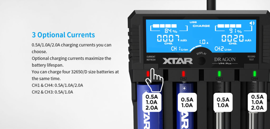 Xtar Dragon VP4 Plus Charger | 4-Bay Li-ion/NiMH Smart Charger, Power Bank, Voltage/Resistance Test, LCD Display 13 WW w25pRzWb6HN6AAsrLg The Xtar VP4 Plus Dragon is an advanced four-bay smart charger for Li-ion and NiMH batteries, featuring multiple charge current modes and a power bank function. It is ideal for portable power enthusiasts needing to test and charge various battery types efficiently, perfect for powering devices during outdoor activities, camping, or in emergency situations.
๐ ๏ธKey Features: โ
Charges Li-ion and NiMH batteries independently.
โ
Selectable charge currents: 0.5A, 1.0A, 2.0A.
โ
Test and refresh modes for battery health.
โ
USB output for charging mobile devices.
โ
Advanced LCD displays detailed battery info.
โ
Compatible with 11.1V/3S battery packs.
โ
Includes 12V/3A adapter and 3A car adapter.
โ
Comes with a pair of probes for testing.
โ
Features three LED indicators for status.
โ
Compact and portable design with a charger pouch. โฌ๏ธSCROLL DOWN TO SEE DESCRIPTIONโฌ๏ธ