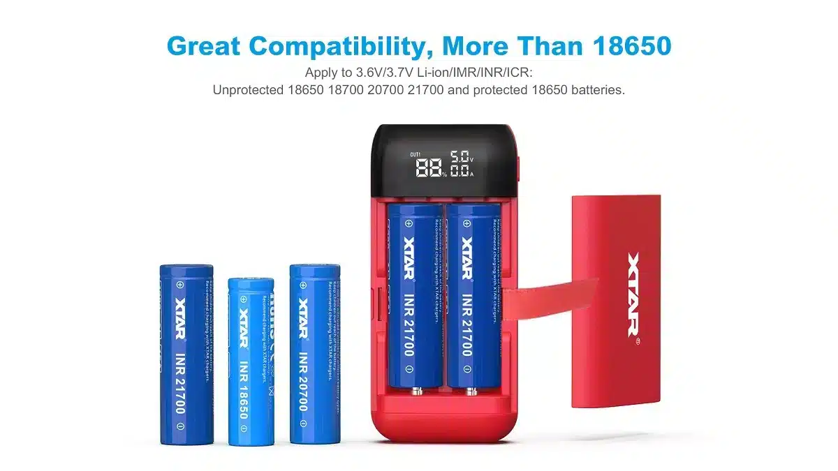 XTAR PB2S Charger 3 The XTAR PB2S is a versatile 2-in-1 fast charger and power bank supporting 18650 and 21700 batteries. It offers QC3.0 and PD3.0 fast charging, dual output ports, and a real-time display for voltage, current, and battery percentage. This compact, lightweight device is ideal for outdoor adventures, emergency preparedness, and daily commutes. 🛠️Key Features:: ✅ Dual-functionality: Charger and power bank in one compact unit. ✅ Fast charging: Supports QC3.0 and PD3.0 protocols for rapid charging. ✅ Wide battery compatibility: Fits 18650 and 21700 lithium-ion batteries. ✅ Real-time display: Shows voltage, current, and battery percentage. ✅ Dual output ports: Features USB-A and USB-C for simultaneous charging. ✅ 0V activation: Revives over-discharged batteries, extending their life. ✅ Three-stage charging: Uses TC-CC-CV method for safe and efficient charging. ✅ Magnetic cover: Protects batteries from dust and drops. ✅ Built-in ribbon: Ensures easy battery removal. ✅ Lightweight: Weighs only 85g, perfect for travel. ⬇️SCROLL DOWN TO SEE DESCRIPTION⬇️