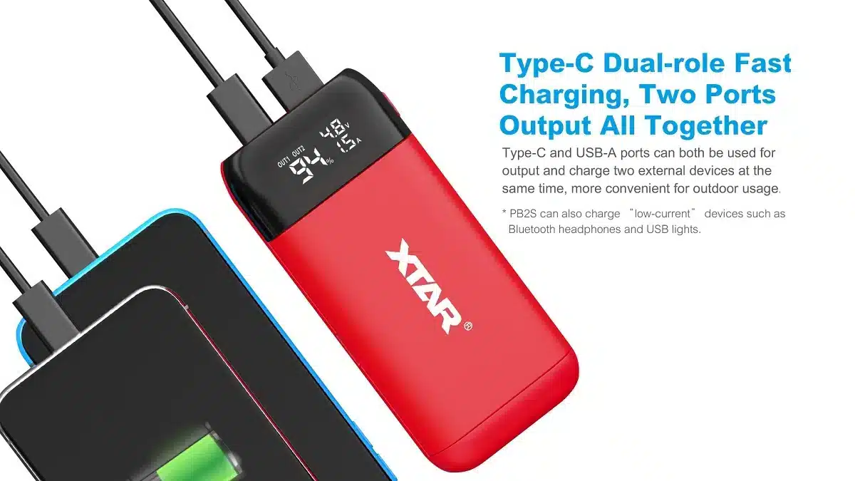 XTAR PB2S Charger 4 The XTAR PB2S is a versatile 2-in-1 fast charger and power bank supporting 18650 and 21700 batteries. It offers QC3.0 and PD3.0 fast charging, dual output ports, and a real-time display for voltage, current, and battery percentage. This compact, lightweight device is ideal for outdoor adventures, emergency preparedness, and daily commutes. 🛠️Key Features:: ✅ Dual-functionality: Charger and power bank in one compact unit. ✅ Fast charging: Supports QC3.0 and PD3.0 protocols for rapid charging. ✅ Wide battery compatibility: Fits 18650 and 21700 lithium-ion batteries. ✅ Real-time display: Shows voltage, current, and battery percentage. ✅ Dual output ports: Features USB-A and USB-C for simultaneous charging. ✅ 0V activation: Revives over-discharged batteries, extending their life. ✅ Three-stage charging: Uses TC-CC-CV method for safe and efficient charging. ✅ Magnetic cover: Protects batteries from dust and drops. ✅ Built-in ribbon: Ensures easy battery removal. ✅ Lightweight: Weighs only 85g, perfect for travel. ⬇️SCROLL DOWN TO SEE DESCRIPTION⬇️