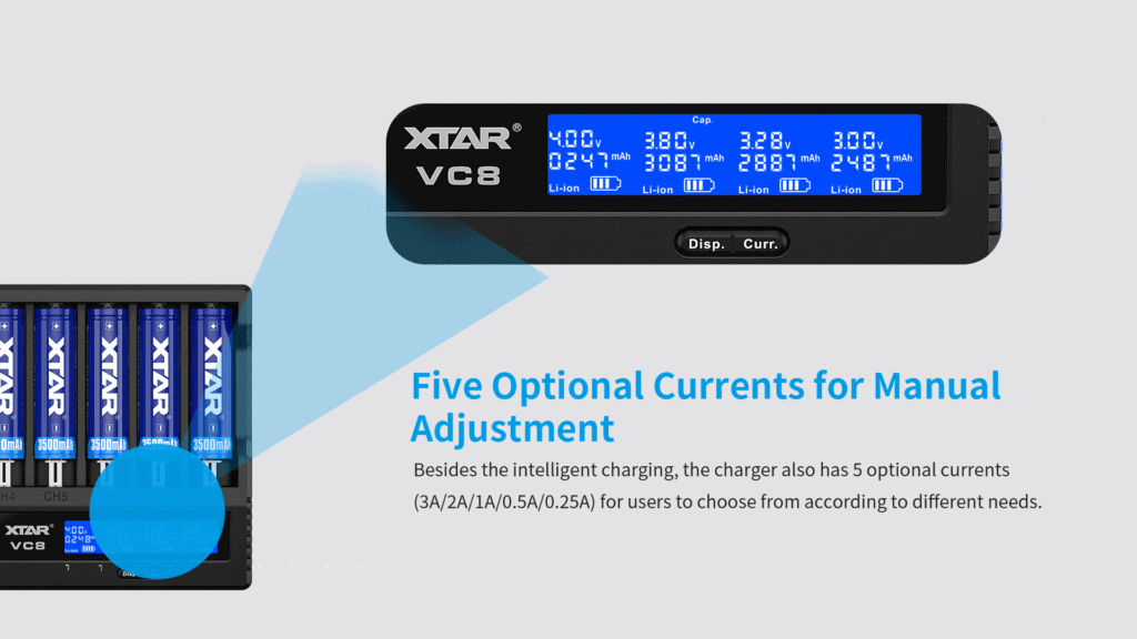 dkjl0hAvRj6fCJ3fMDKf8g The Xtar VC8 is an 8-channel charger supporting Li-ion, NiMH, and NiCd batteries, featuring QC3.0 fast charging with up to 3A per slot. Its LCD screen displays real-time voltage, capacity, and internal resistance. The charger offers storage and grade modes to optimize battery lifespan and test capacity. It's ideal for power users and battery enthusiasts, commonly used for vaping, DIY electronics, and portable power solutions.
🛠️Key Features: ✅ Supports Li-ion, NiMH, and NiCd chemistries.
✅ QC3.0 fast charging input.
✅ Up to 3A charging current per slot.
✅ USB Type-C input port.
✅ Integrated LCD screen for real-time data.
✅ Two user modes: Grade and Storage.
✅ 0V Activation Function for over-discharged batteries.
✅ Internal Resistance Testing.
✅ Charges protected 20700/21700 batteries. ⬇️SCROLL DOWN TO SEE DESCRIPTION⬇️