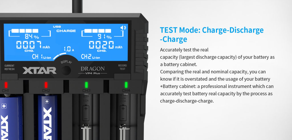 Xtar Dragon VP4 Plus Charger | 4-Bay Li-ion/NiMH Smart Charger, Power Bank, Voltage/Resistance Test, LCD Display 2 fqD5UWShRKe8BM7wLCrvMA The Xtar VP4 Plus Dragon is an advanced four-bay smart charger for Li-ion and NiMH batteries, featuring multiple charge current modes and a power bank function. It is ideal for portable power enthusiasts needing to test and charge various battery types efficiently, perfect for powering devices during outdoor activities, camping, or in emergency situations.
๐ ๏ธKey Features: โ
Charges Li-ion and NiMH batteries independently.
โ
Selectable charge currents: 0.5A, 1.0A, 2.0A.
โ
Test and refresh modes for battery health.
โ
USB output for charging mobile devices.
โ
Advanced LCD displays detailed battery info.
โ
Compatible with 11.1V/3S battery packs.
โ
Includes 12V/3A adapter and 3A car adapter.
โ
Comes with a pair of probes for testing.
โ
Features three LED indicators for status.
โ
Compact and portable design with a charger pouch. โฌ๏ธSCROLL DOWN TO SEE DESCRIPTIONโฌ๏ธ