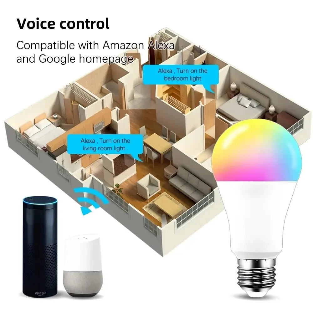 10W Tuya RGB Wifi Smart Bulb – WiFi App Voice Control E27 2 Enhance your home with the 10W Tuya Smart Bulb, offering a spectrum of RGB colors and adjustable white light (2700K–6500K). Seamlessly control your lighting via the Tuya or Smart Life app, or through voice commands with Amazon Alexa and Google Assistant. This energy-efficient bulb provides up to 800 lumens and lasts for 30,000 hours, making it ideal for smart home automation and ambiance control, perfect for creating mood lighting in living rooms or bedrooms. 🛠️Key Features: ✅ RGB + Adjustable White Light – Choose from 16 million colors or white tones.
✅ App-Based Control – Manage lighting remotely via Tuya or Smart Life app.
✅ Voice Control Ready – Compatible with Alexa and Google Assistant.
✅ Energy-Efficient – Uses only 10W for bright illumination.
✅ Long Life – Rated for up to 30,000 hours of use.
✅ Scene & Music Sync Modes – Match lighting to music or activities.
✅ Smart Scheduling – Automate on/off cycles with timers and routines.
✅ No Hub Required – Connects directly to 2.4GHz WiFi.
✅ Standard E27 Base – Fits most common light fixtures.
✅ ~270° Beam Angle – Provides wide light distribution. ⬇️SCROLL DOWN TO SEE DESCRIPTION⬇️