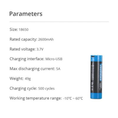Wuben 18650 2600mAh rechargeable battery powering a flashlight for camping trips, with built-in USB charging port.