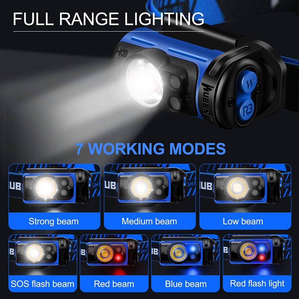 Adjustable WUBEN H3 Hiking Headlamp WUBEN H3 LED headlamp with 360-degree adjustable beam for hiking trails, illuminating paths up to 53 meters in rugged terrain.